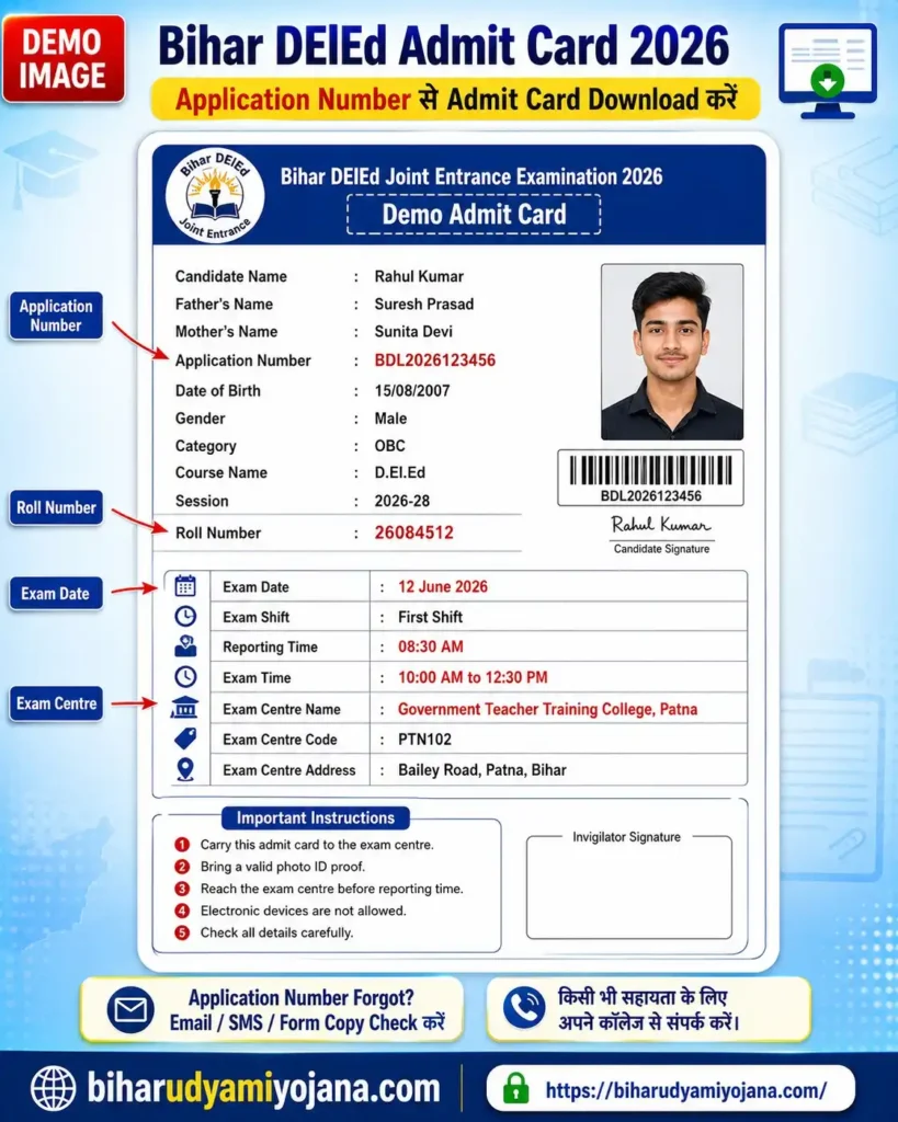 Bihar DElEd Admit Card 2026 Demo Image with Application Number Details