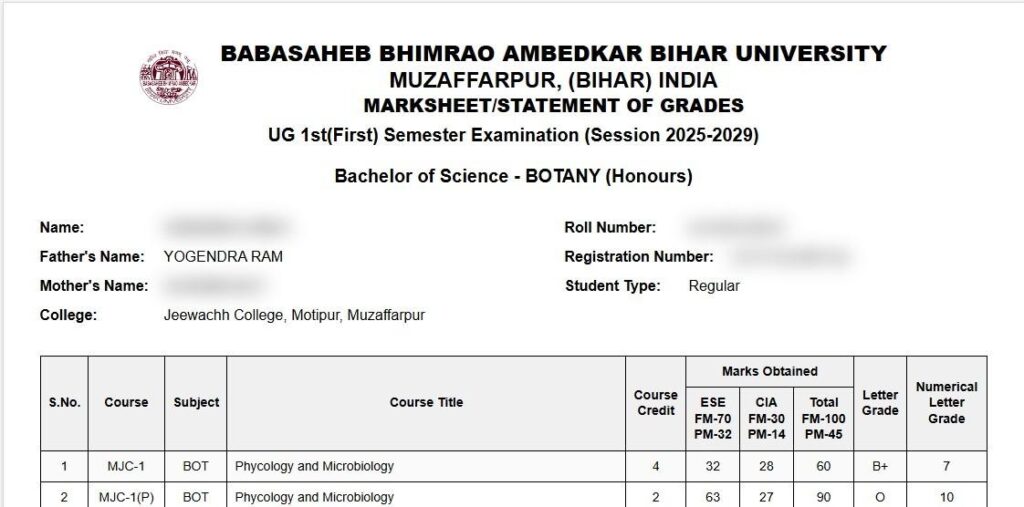 BRABU UG CBCS Semester 1 Result 2026 BA BSc BCom