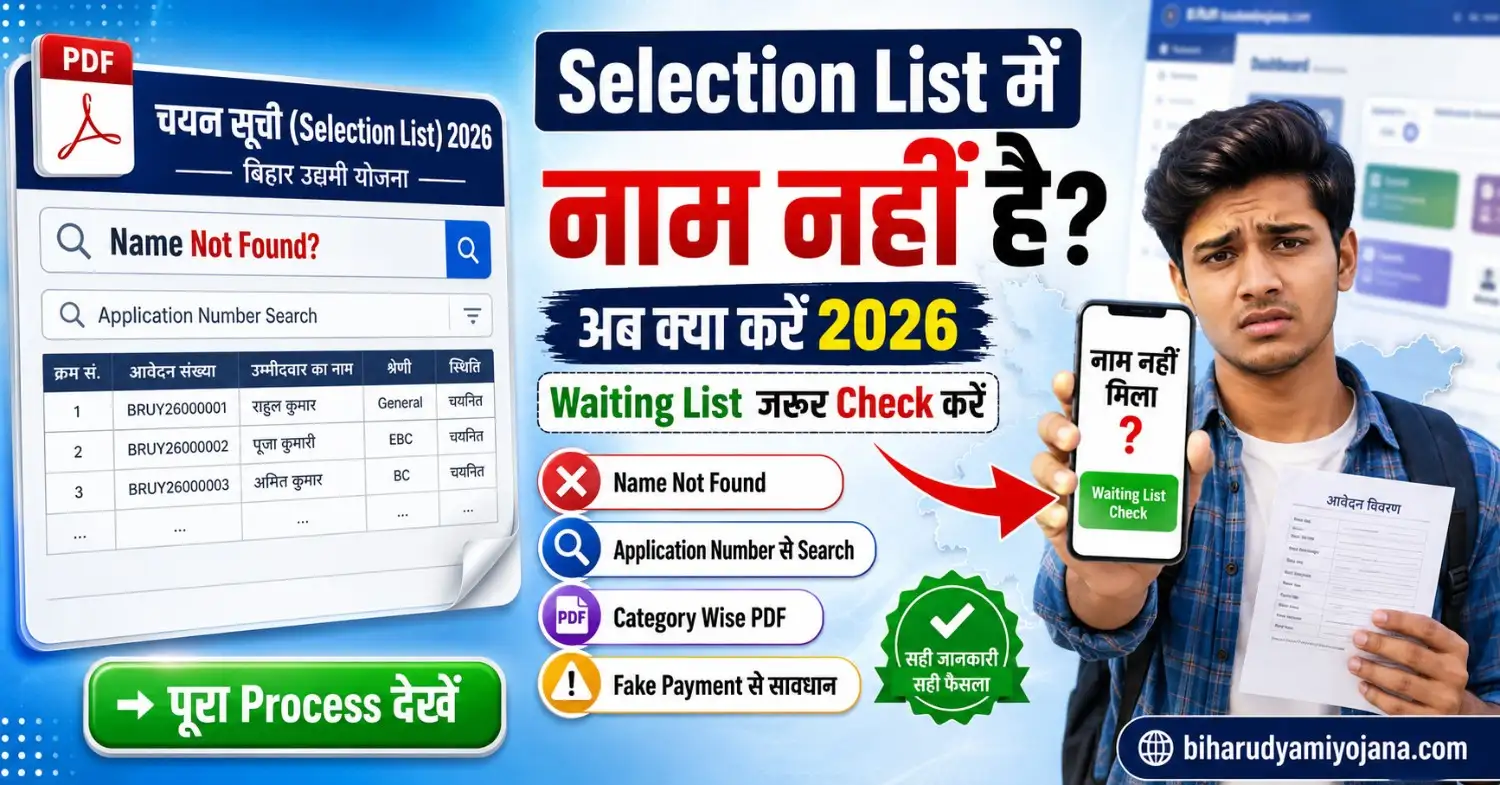 Bihar Udyami Yojana selection list me naam nahi hai to kya kare 2026