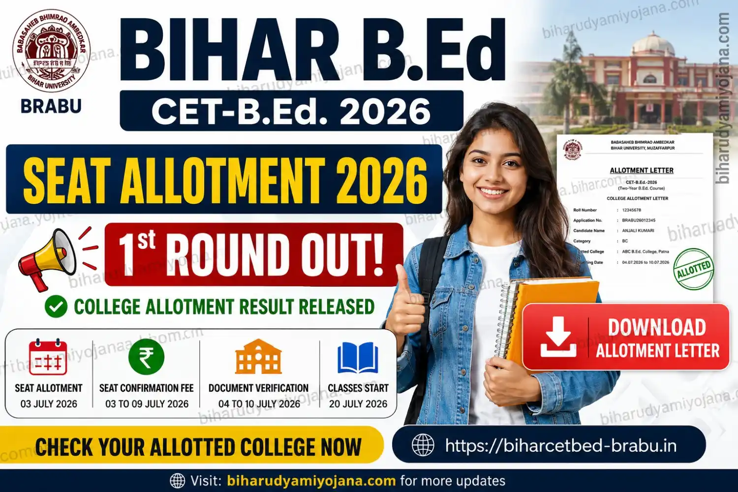 Bihar Bed Seat Allotment 2026 first round college allotment result released, BEd allotment letter download, BRABU CET BEd counselling 2026